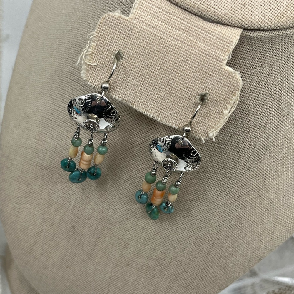 90's Handmade Sterling Silver Shell & Floral Dangle Earrings with Turquoise - Picture 7 of 15